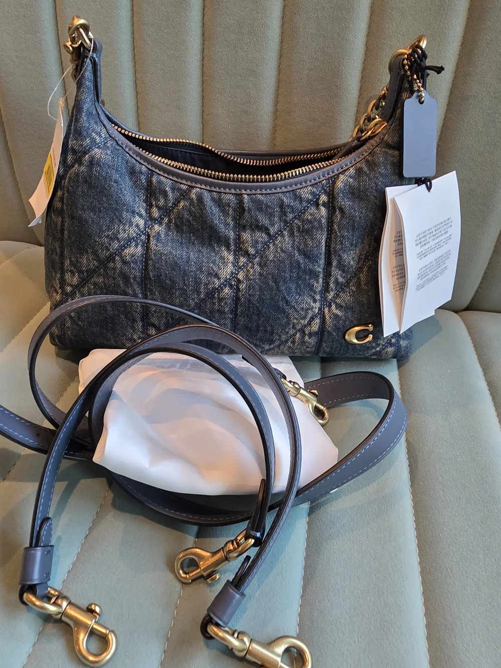 Coach Quilted Denim Shoulder Juliet 25 Bag in Washed Blue with Gold Hardware